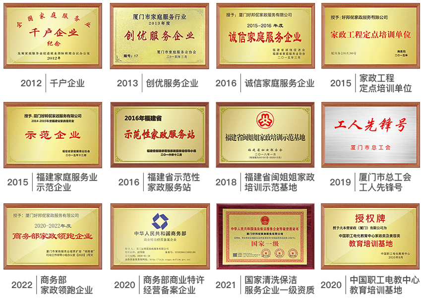 好邦伲家政历年荣誉牌匾